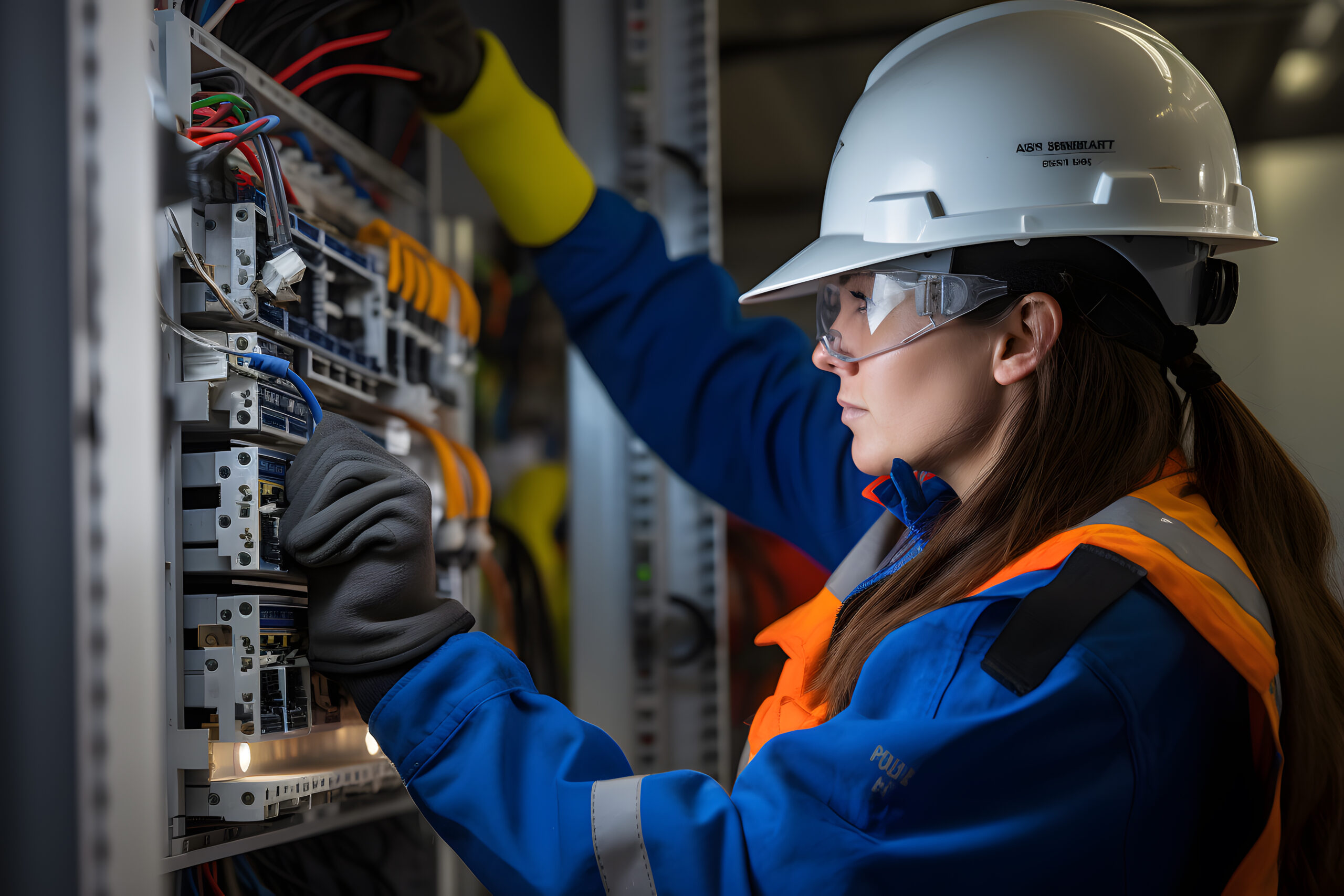 Female commercial electrician at work on a fuse box, adorned in safety gear